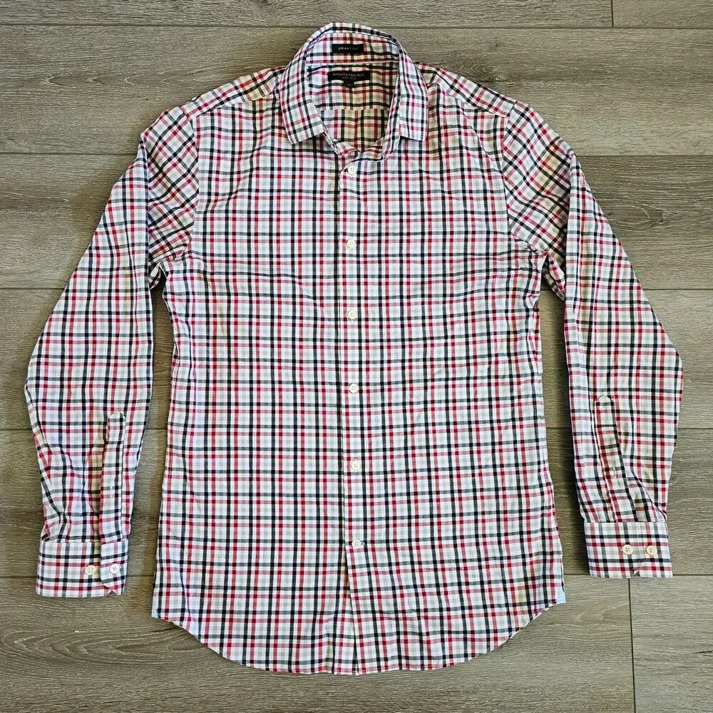 Mens Banana Republic Grant Fit Non-Iron Cotton Medium Plaid Lot of 2 Dress Shirt